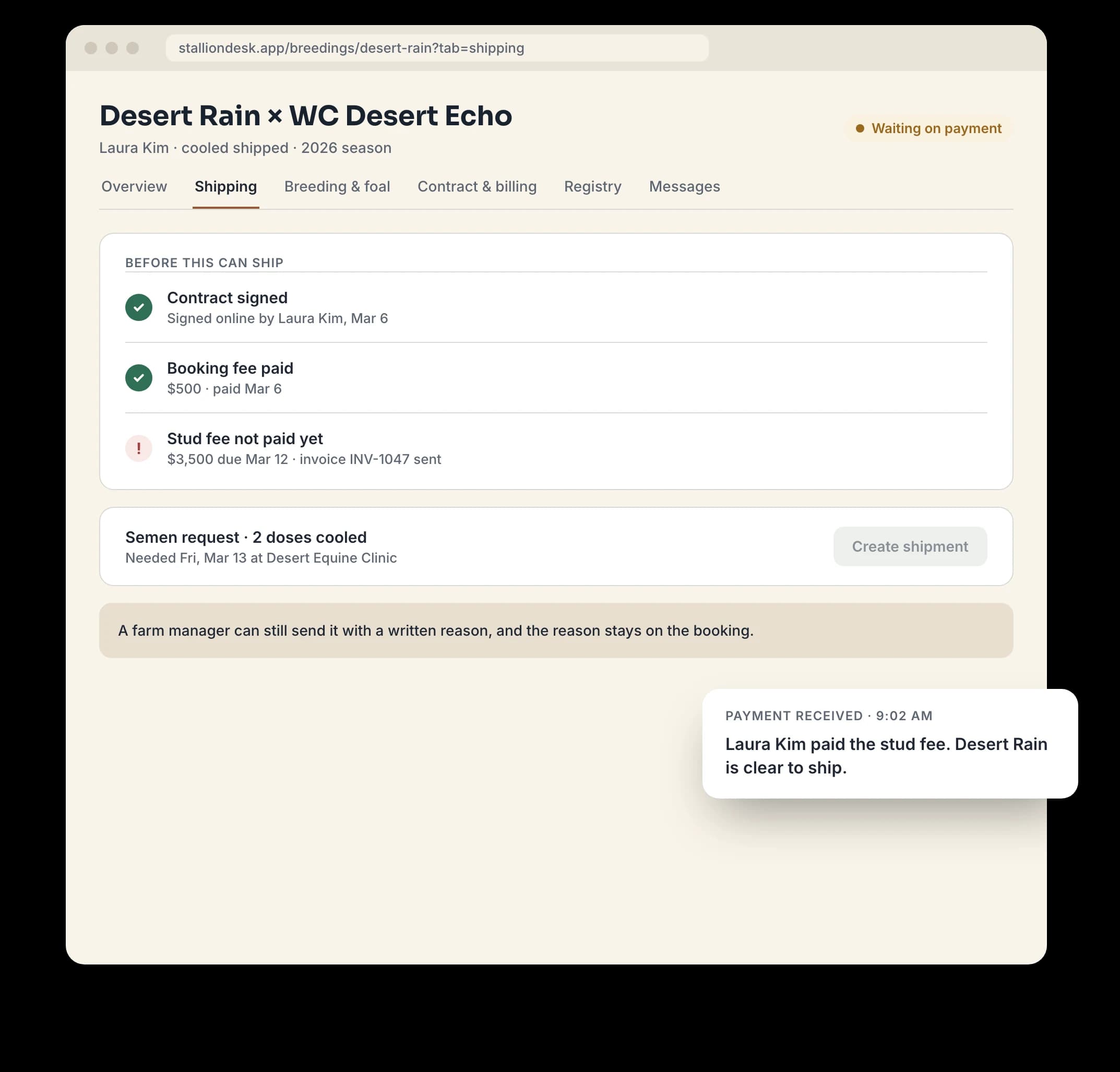 A breeding's Shipping tab: the signed contract and paid fees checked before semen can ship