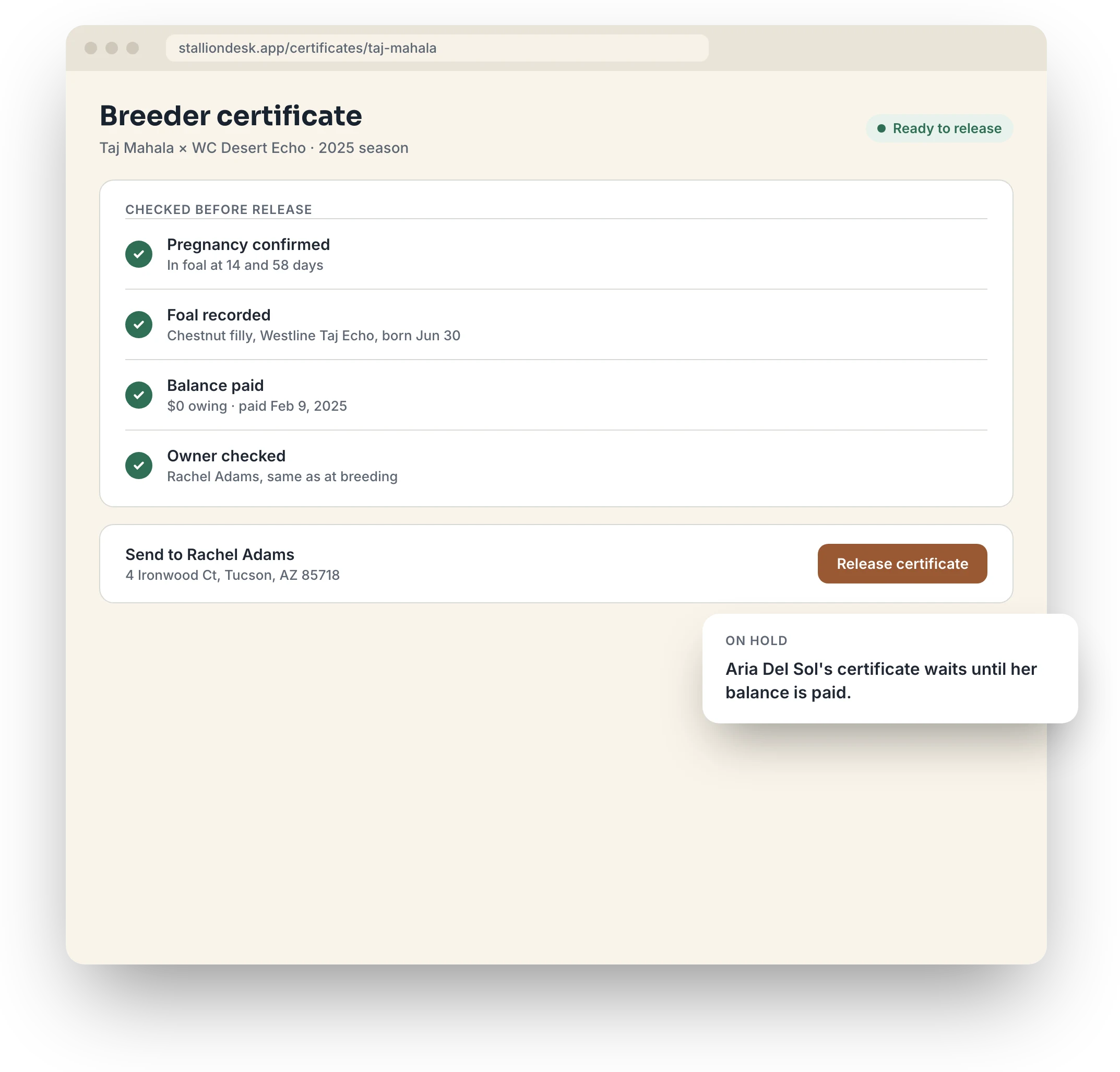 Certificates: breeder's certificates with what is holding each one up