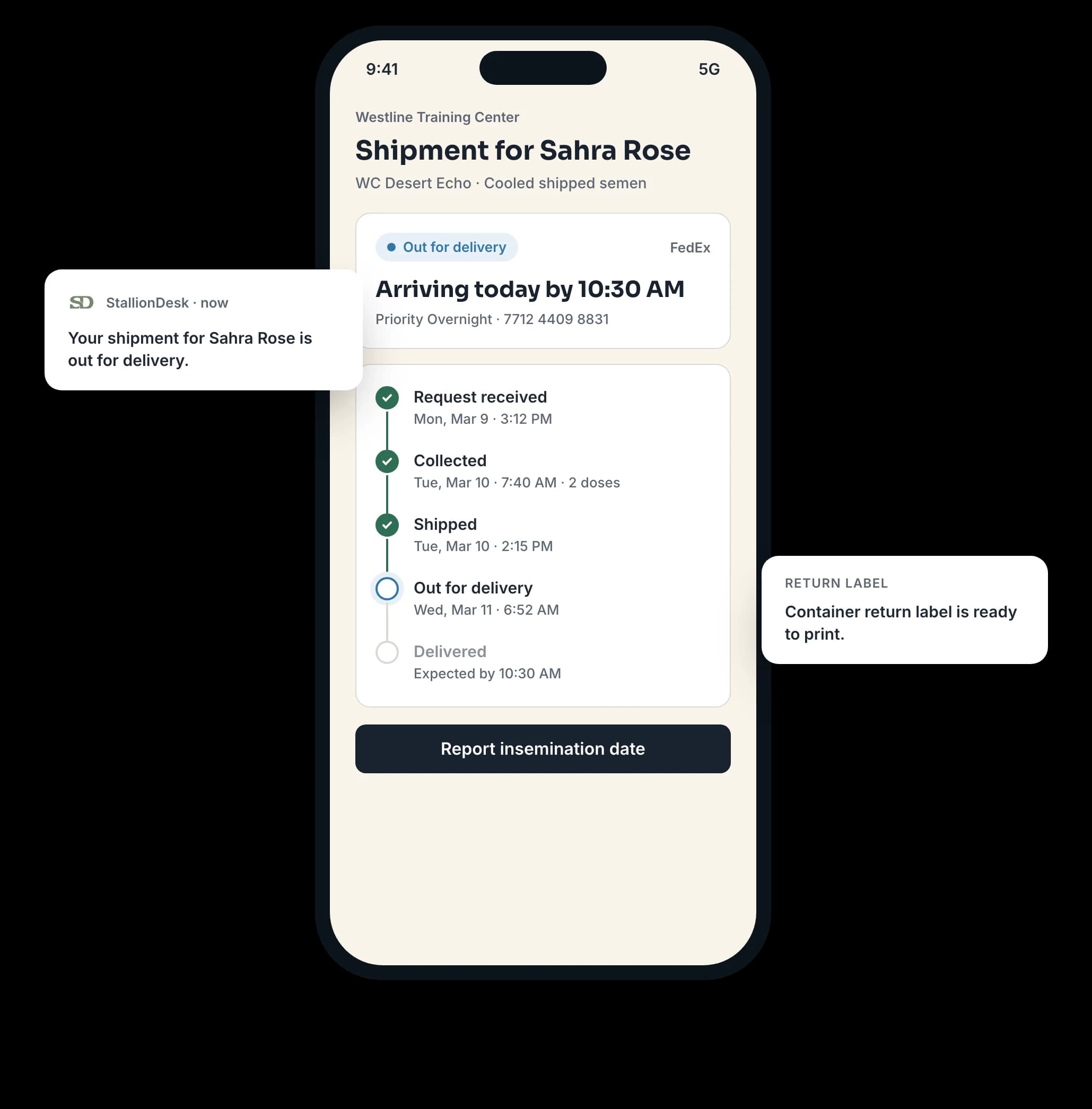 A mare owner's breeding link on a phone, with shipment tracking and balance due